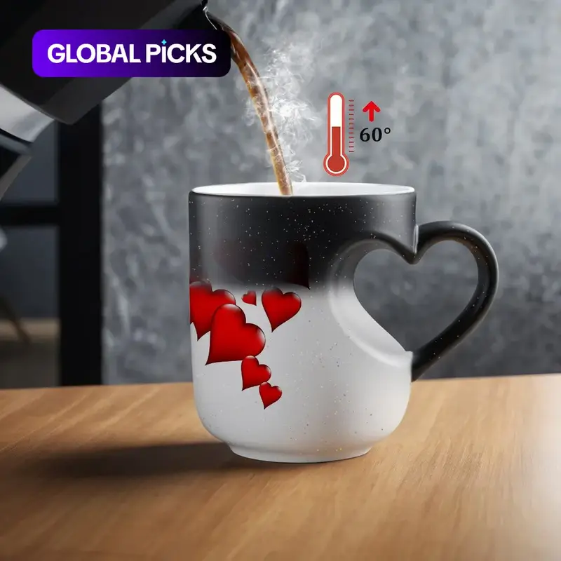 1pc Magical Color Changing Mug with Heart-Shaped Handle, 11oz Unique Heart Design, Red Heart Pattern, Heated Gradient Mug, Perfect for Mother'S Day, Birthdays and Holiday Gifts, Valentines Mug #GLOBAL PICKS
