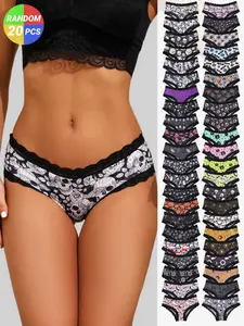 20-Pack Women's Random Print Panties Blind Box, Sexy Low Waist Lace Briefs, Soft & Stretchy, Casual Underwear for All Seasons, Trim Lace Panty, Lace Patterned Underwear