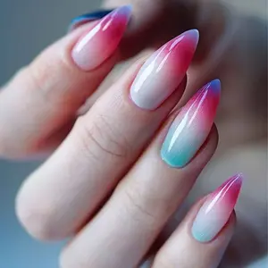 24-Piece Summer Gradient Almond Nails, Blue Three-Color Glitter Removable Nail Art, Medium Length Glossy Finish