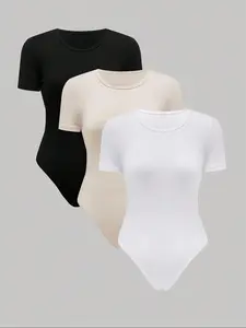 Women's Solid Round Neck Bodysuit, Casual Minimalist Short Sleeve Bodysuit for Daily Wear, Ladies Clothes for All Seasons
