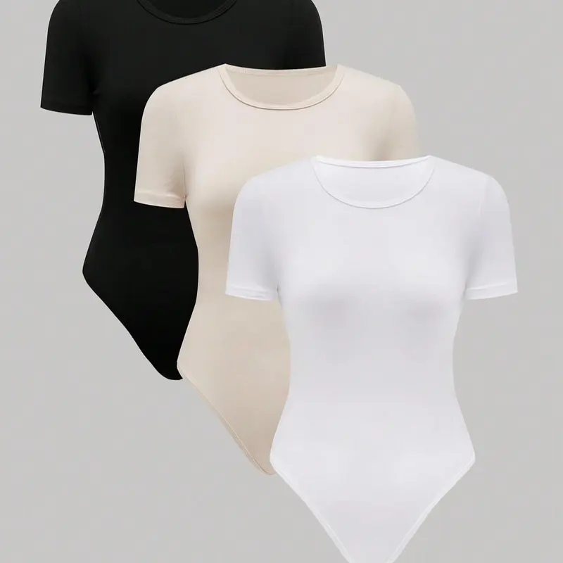 Women's Solid Round Neck Soft Stretch Bodysuit, Soft Knit Bodysuit, Casual Minimalist Short Sleeve Bodysuit for Daily Wear, Ladies Clothes for All Seasons, Womenswear, Tops