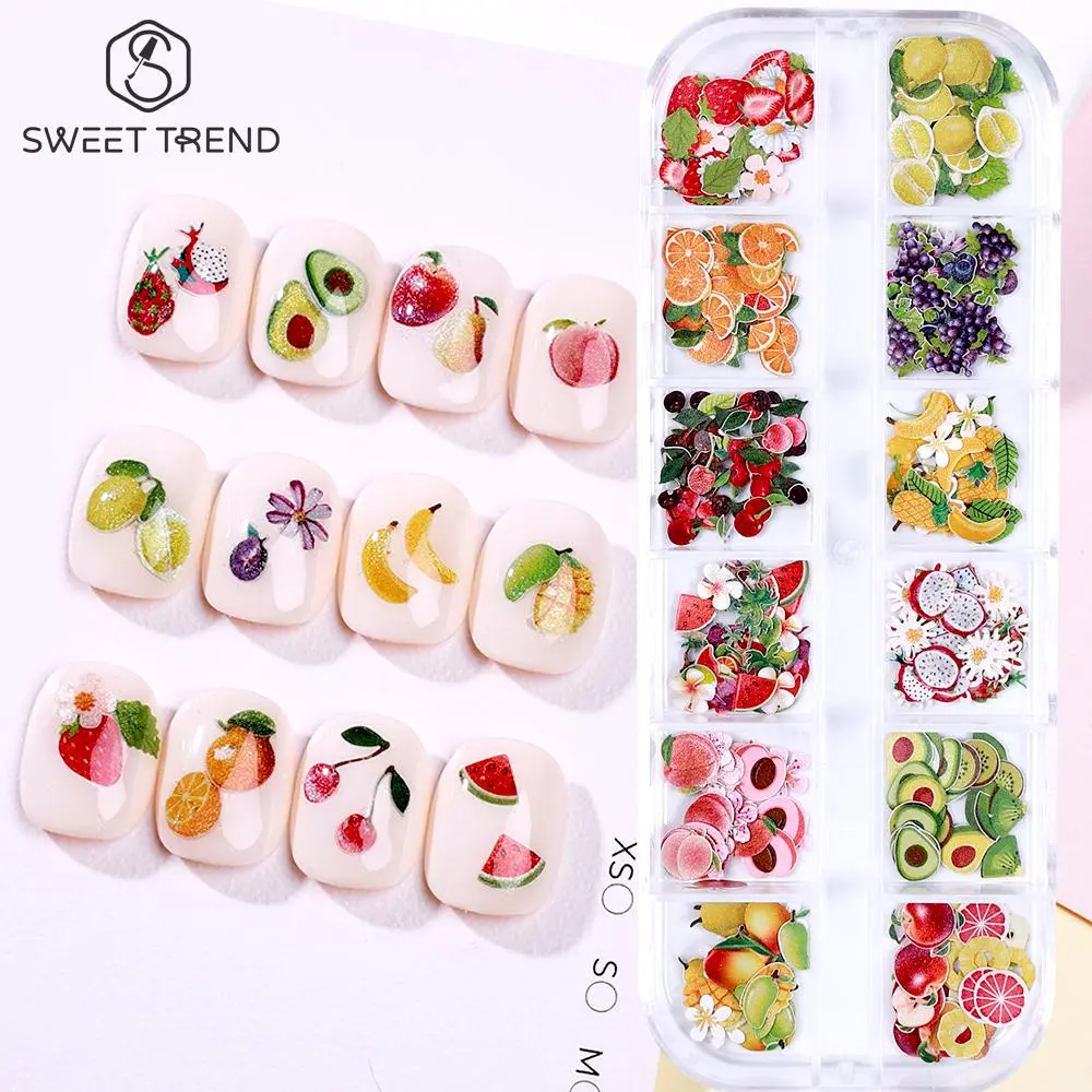 SWEET TREND-12 Grids 3D Flower Fruits Nail Charms Daisy Butterfly Strawberry Lemon Nail Art Part for Summer Manicure Accessories