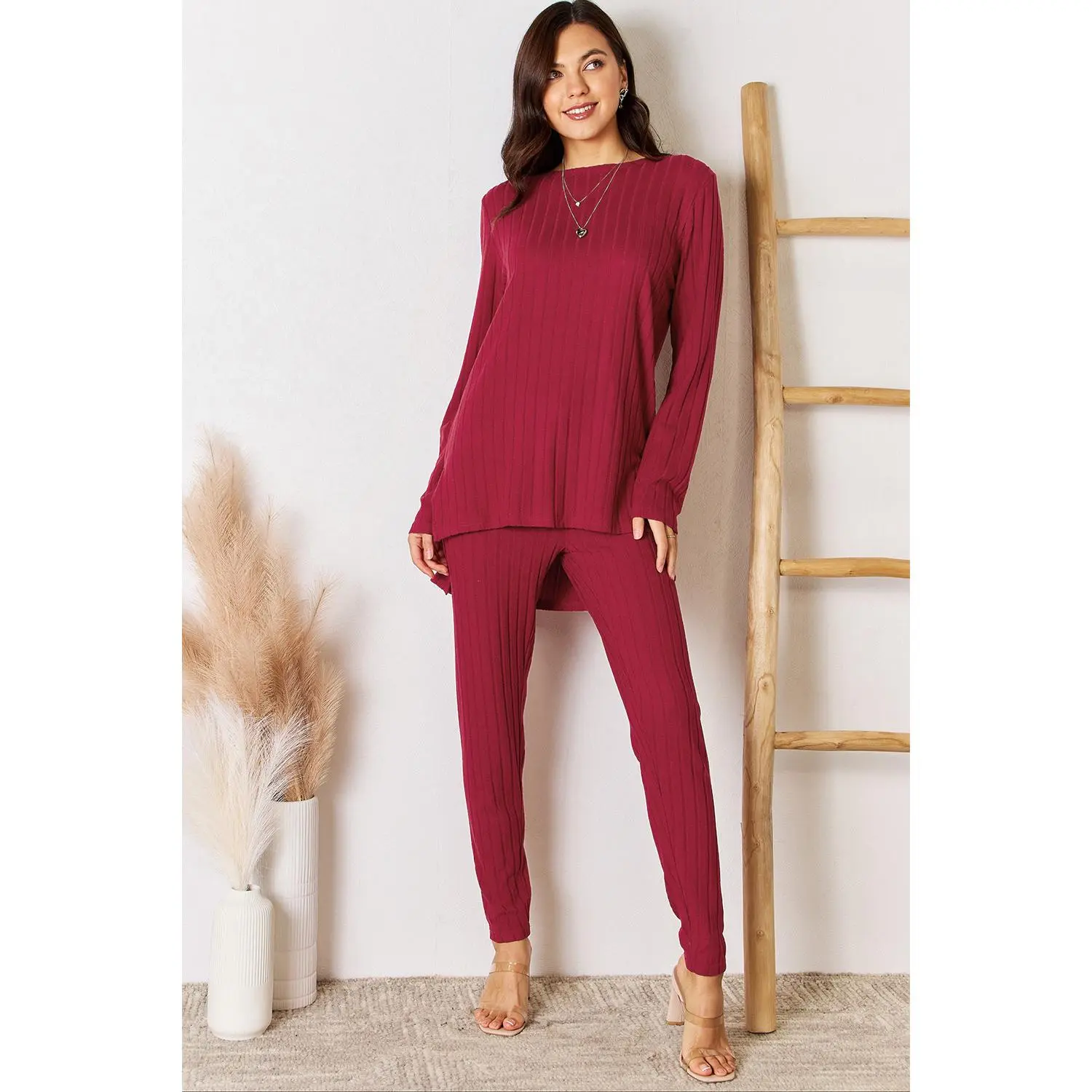 Basic Bae Full Size Ribbed Round Neck High-Low Slit Top and Pants Set