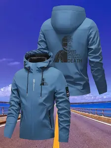 Men's Motorcycle Hooded Jacket with Keep Going Graphic, Lightweight All-Season Riding Gear, Zippered Outdoor Adventure Coat