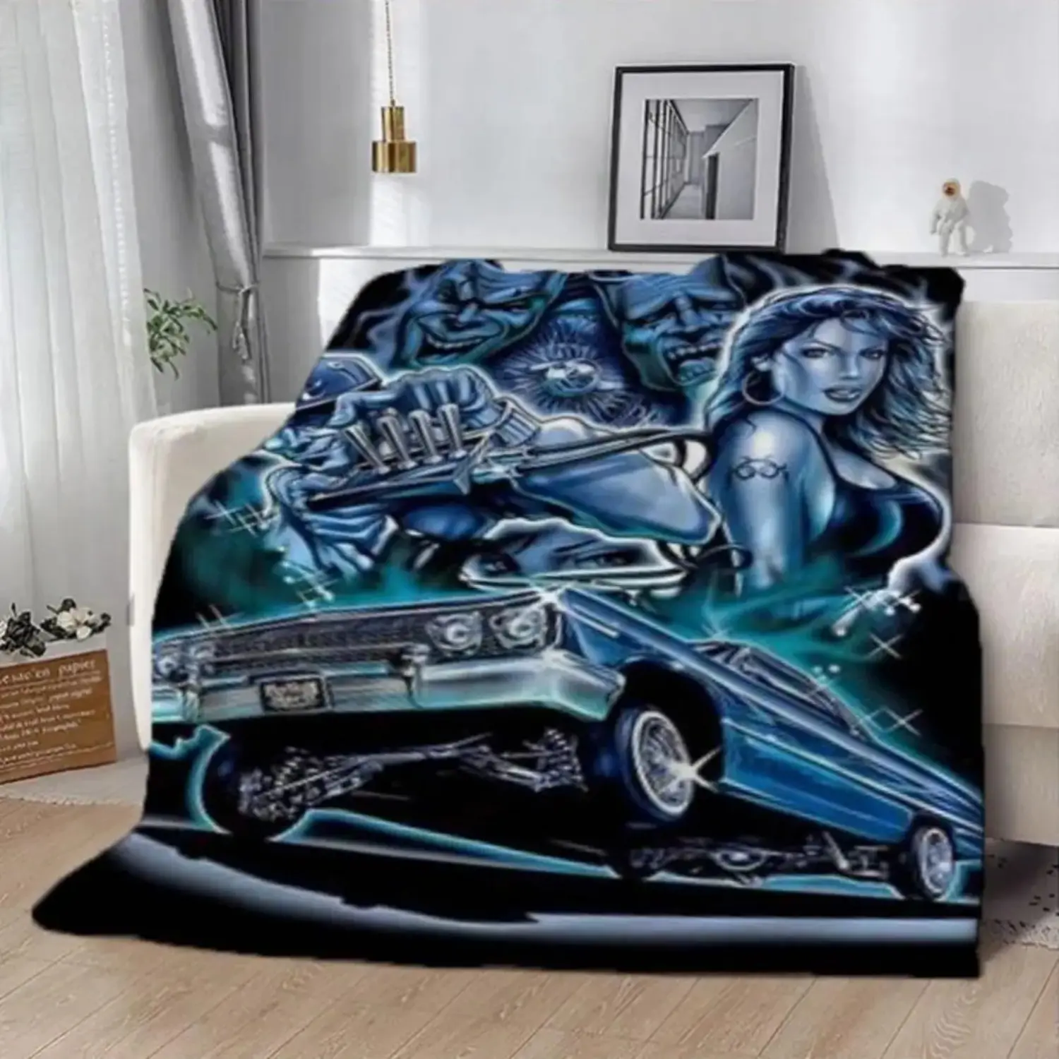 Chicano Culture Low-Profile Car Illustration Blanket Soft Flannel Blanket, an ideal Gift for Children Suitable For Use on Sofas, Beds, or For Travel, Gentle on The Skin, an Excellent Gift Multi-Purpose Holiday Blanket