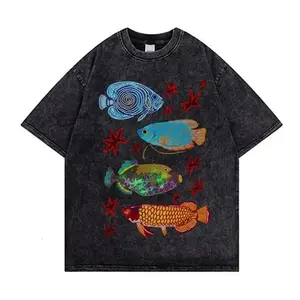 Cute Colorful Fish Graphic Washed Tee, Vintage Washed Cotton, Unisex Streetwear