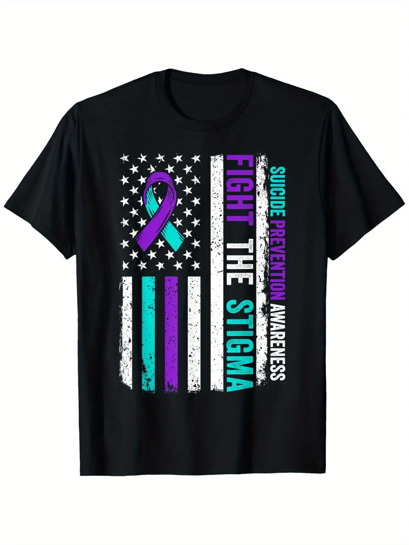Suicide Prevention Awareness T-Shirt -  Cotton, Round Neck, Short Sleeve, Black with American Flag & Ribbon Design, Casual Tee for Men & Women, Perfect Gift for Holidays, Sizes S-XXXL, Casual Wear |   Social Cause Shirt |   Round Neck Shirt