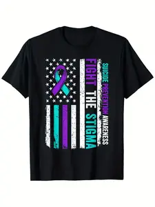 Suicide Prevention Awareness T-Shirt - 100% Cotton, Round Neck, Short Sleeve, Black with American Flag & Ribbon Design, Casual Tee for Men & Women, Perfect Gift for Holidays, Sizes S-XXXL, Casual Wear |   Social Cause Shirt |   Round Neck Shirt