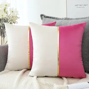 Hot Pink White Velvet Throw Pillow Covers with Gold Leather Patchwork Luxury Modern Minimalist Square Pillowca Cushion Covers for Living Room Bed Couch Sofa 18x18Inch t of 2