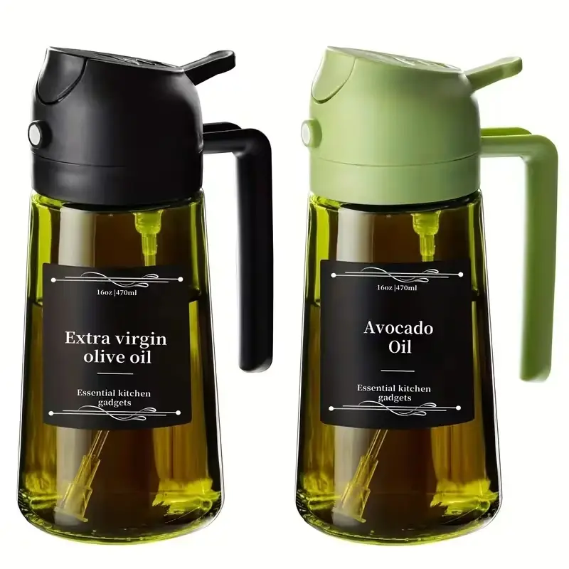2pcs 2-in-1 Premium Kitchen Glass Olive Oil Dropper & Cooking Sprayer | Food Grade, Spill Proof, Automatic Flip Cap - Durable Kitchenware for BBQ, Outdoor & Kitchen Use, Olive Green Or Clear Color Random