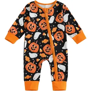 Newborn Baby Girl Boy Halloween Outfit Long Sleeve Pumpkin/Ghost Romper Zipper Bodysuit Jumpsuit Fall Clothes