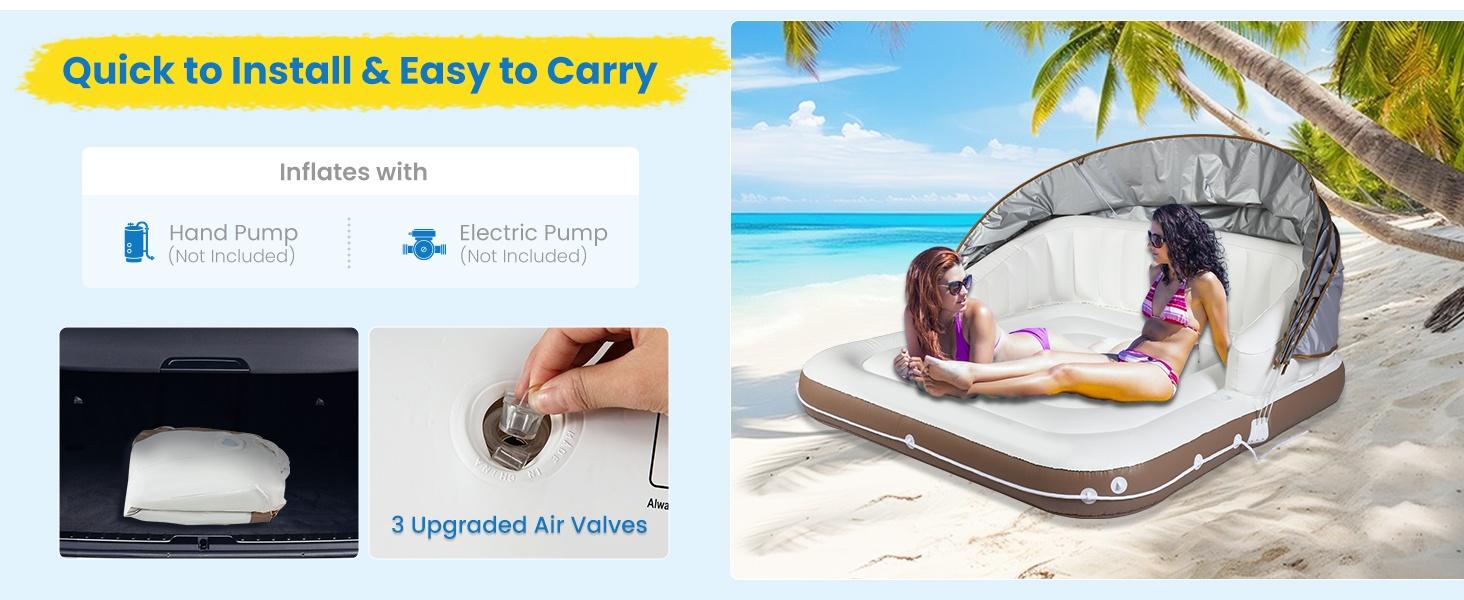 Inflatable Pool Float with Canopy & Cup Holders, Heavy Duty Floating Lounge Raft for Adults Kids, Durable Water Float for Pool Beach Lake River Summer Water Party