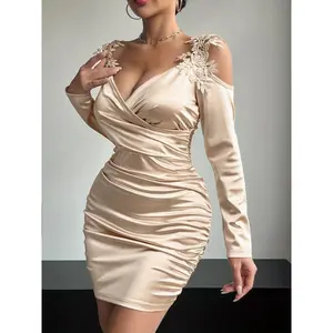 Sensual Satin Bodycon Dress - Elegant Dresses for Women with Cold Shoulder, Ruched Detailing, and Guipure Lace - Perfect for Formal Events and Parties