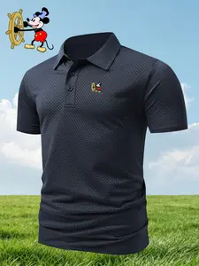 Men's Mickey Mouse Print Polo Shirt, Fitted Casual Geometric Pattern, Breathable Stretch Fabric, All-Season Comfortable Wear