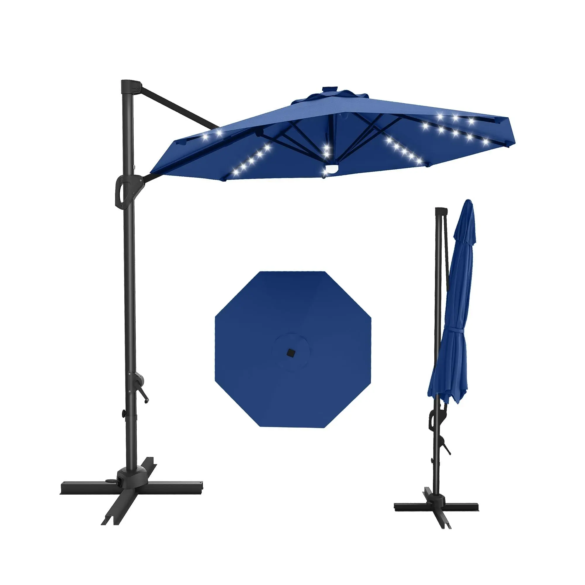 GARVEE 10' x 10' Heavy Duty Cantilever Patio Umbrella with Solar LED Lights , 2-Tier Square with 360-Degree Rotation for Backyard, Deck, Pool,Navy Blue