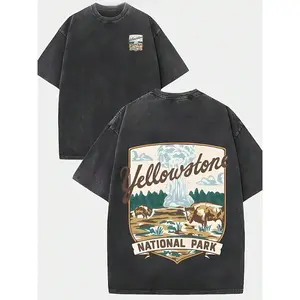 Yellowstone National Park Landscape & Text Graphic Printed Casual Style Men's Casual Wear 230g Washed Cotton Round Neck Short Sleeve Comfortable & Breathable Double - Sided Printed Tee For Summer High - Quality Design