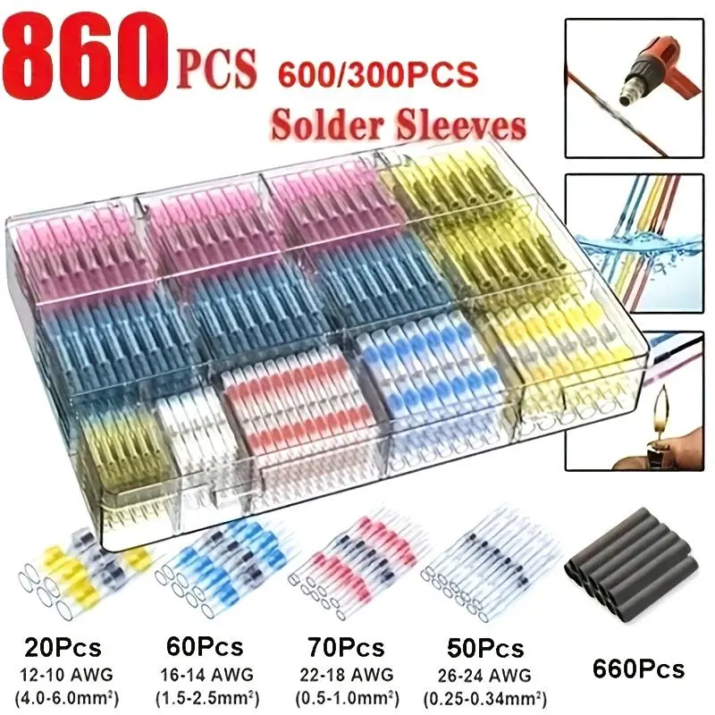 860pcs Solder Seal Wire Connectors, Solder Sleeves, Butt Connector, Insulated Electrical Butt Splice Wire Terminals, Soldering Terminals for Marine Automotive Boat Truck Wire Joint, Insulation, Soldering Kit