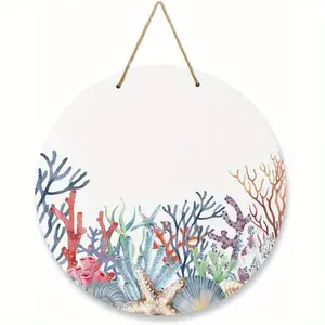 Circular Wooden Sign, Ocean Coral Shell Hanging Wall Decor, Welcome Wreath All Seasons Decoration, Suitable for Doorway/kitchen/porch/wall/coffee Shop