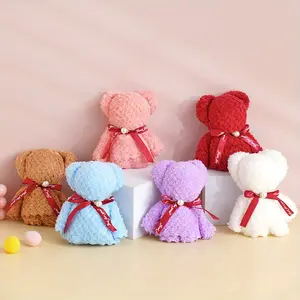 3pcs Random Color Plush Bear Towel - Soft Polyester Geometric Pattern, Square & Hand Towels, Perfect Birthday, Wedding, Holiday Gift, Decorative Towels|Playful Design|Durable Towels