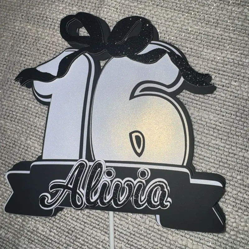 Sweet Sixteen Caketopperpper with Personalized Name Alivia and Glitter Design for Special Occasions    (Add any Age )
