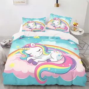 Colorful Unicorn Theme Decorative Bedding Set, Includes Duvet Cover and Two Pillowcases, 100% Polyester, Suitable for Bedroom and Guest Room