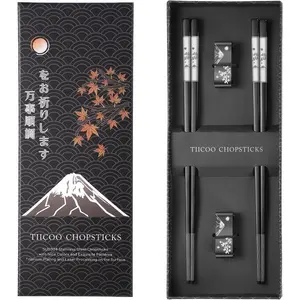 Premium 304 Stainless Steel Chopsticks Set-2 Pairs Titanium Plated Japanese Style with Laser Engraved Design, Dishwasher Safe, Non-Slip Grip, Elegant Gift Box (Black)