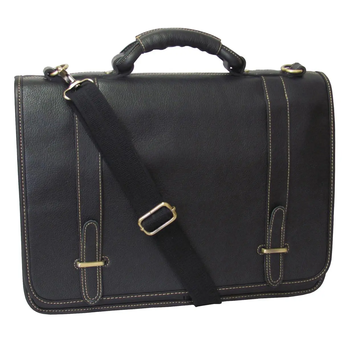 Amerileather Men's Traditional Business Briefcase - Black Top Grain Cowhide Leather, Flap-Over Magnetic Closure, Multi-Compartment, Detachable Adjustable Shoulder Strap, 2 Front Gusset Pockets, Exterior Rear Pocket, Detachable Shoulder Strap, Two Front Gu