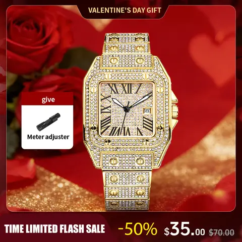 Luxury Rhinestone Embellished Square-Dial Quartz Watch with Gift Box Included Fashion Timeless Classic Watch Black Friday Flash Sale diamond men