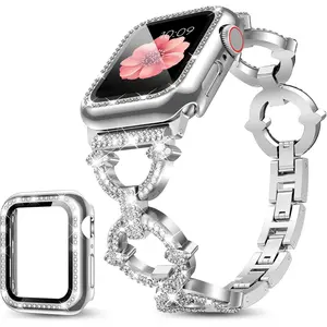 *WBA-097-XLL Compatible with Apple Watch Band 38mm 40mm 41mm 42mm 44mm 45mm 46mm, Women Bling Jewelry Bands with Tempered Glass Screen Protector Case, Shiny Strap for iWatch Series 10/9/8/7/6/5/4/3/2/1/SE