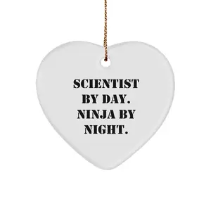 Scientist Gifts from Friends, Christmas Unique Scientist Heart Ornament, 'Scientist By Day. Ninja By Night.' Quote, 2.75' Tall, Durable MDF, Vibrant Colors, Gold Cord for Hanging