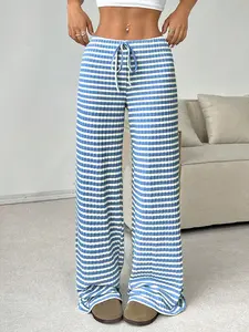 Women's Casual Striped Elastic Waist Drawstring Knit Fashion Loose Straight Leg Pants, New Season Long Trousers for All Seasons Casual Loose Baggy
