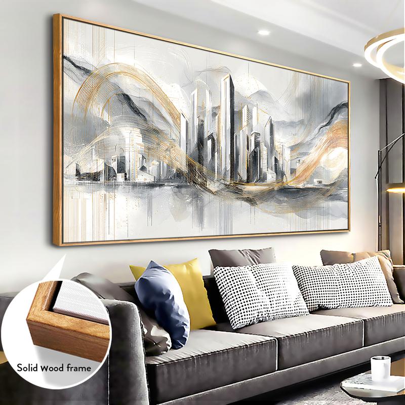 Modern Luxury Upgrade - 20x40 Inch Gold - Accent Wall Art - Solid Wood Frame, Abstract Cityscape with Metallic Gold Swirls Elevates Contemporary Interiors, Perfect for 20x40 Homes Seeking Sophisticated Glamour