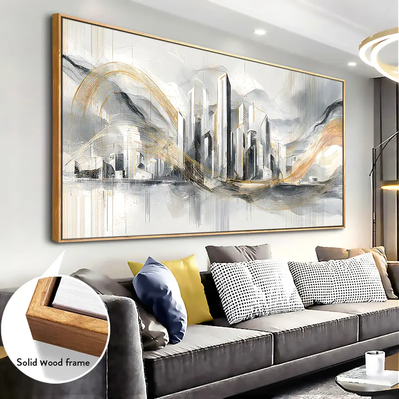 Modern Luxury Upgrade - 20x40 Inch Gold - Accent Wall Art - Solid Wood Frame, Abstract Cityscape with Metallic Gold Swirls Elevates Contemporary Interiors, Perfect for 20x40 Homes Seeking Sophisticated Glamour