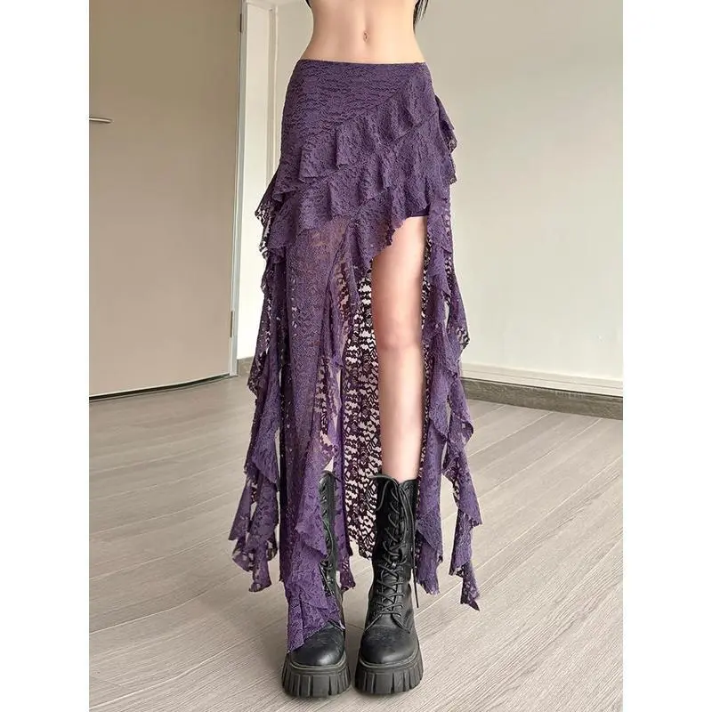 Women's Trendy Flirty Skirt - Weird Puss Tassels, Chic Irregular Hem, Multi-Layered Ruffles, Lace Patchwork, Summer Skinny Versatile Bottoms, Women's Clothes, Asymmetrical, Fashion