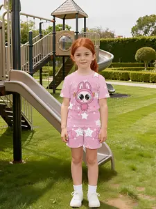 Pink Star Bunny Cute Set Digital Printing Set, a sweet and lovely casual outfit, suitable for daily and outdoor sports as a T-shirt and shorts set, a perfect gift for girls