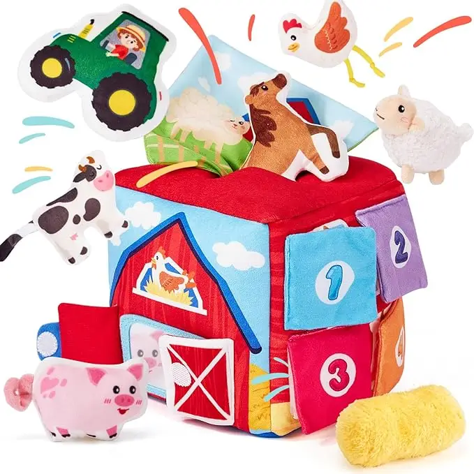 Surprise Developmental Box with Stuffed Farm Animals，infant toys Rattle Crinkle Tissue Mirror Soft Sensory Montessori Easter Basket Stuffers 13 PCS Le
