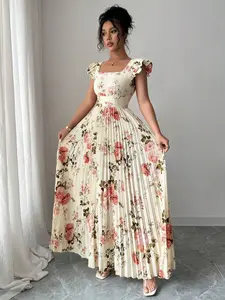 Women's Romantic Floral Square Neck Maxi Dress | Ruffled Short Sleeve Tie-Waist A-Line Party Gown Floral Pattern Dress