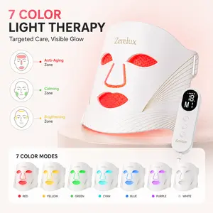 Zerelux red light therapy mask, 7 lighting modes including 630nm red light and 850nm near-infrared light, 2000mAh rechargeable controller, unique zoning care mode, suitable for home and travel use at any time