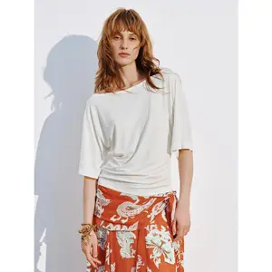 URBAN REVIVO Women's Casual Thin Shortsleeve Polyester Modal Tshirt - 2026 Summer, Beaded Halter/Boat Neck, Ruched Fabric Top, Women's Clothes for All Seasons