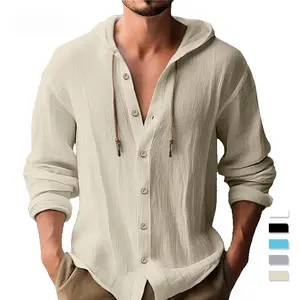 Men's hooded drawstring shirts, solid colors, loose long-sleeved casual shirts, beach jackets