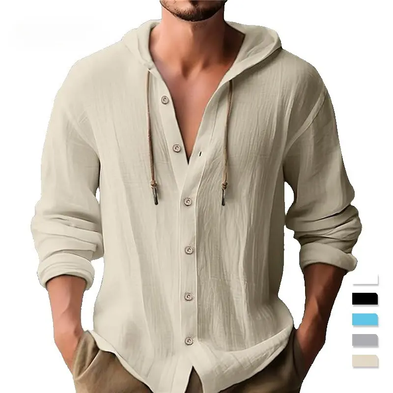 Men's hooded drawstring shirts, solid colors, loose long-sleeved casual shirts, beach jackets