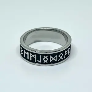 Stainless Steel Rune Ring – Viking Silver-Tone Norse Band Ring