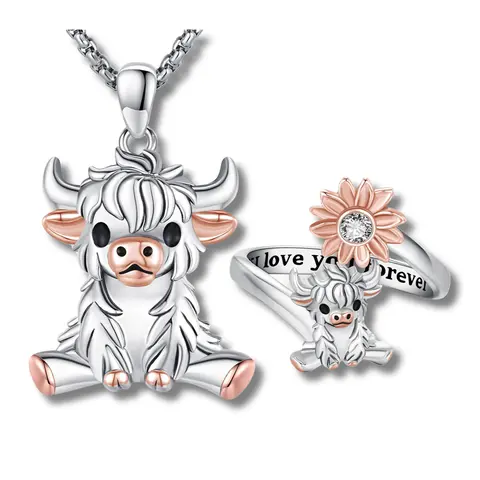 DRINSPER 925 Sterling Silver 2-Piece Highland Cow Jewelry Set - Unisex Casual Pendant Necklace & Open Ring, 12-Month Quality Assurance
