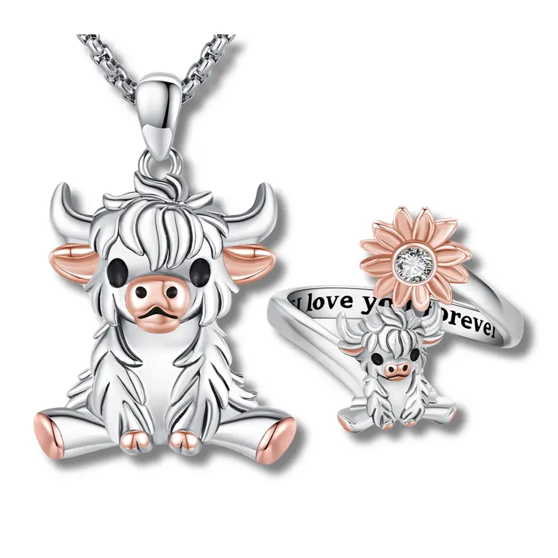 DRINSPER 925 Sterling Silver 2-Piece Highland Cow Jewelry Set - Unisex Casual Pendant Necklace & Open Ring, 12-Month Quality Assurance