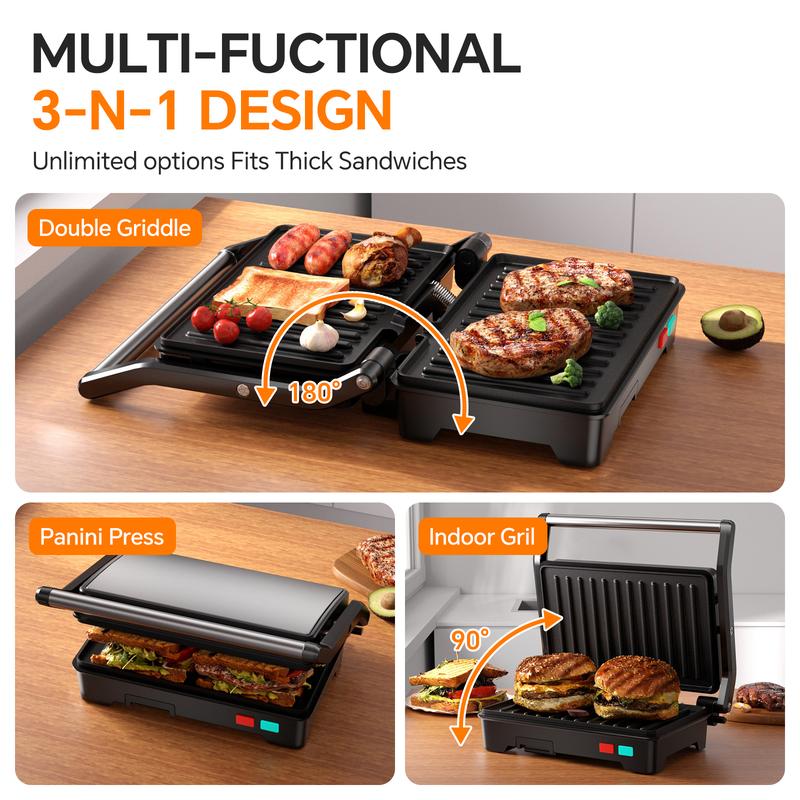 Panini Press Grill, 3-in-1 Electric Grill, 180° Openable, Non-Stick Plates, Floating Hinge, With Grease Tray, Gourmet Sandwich Maker for Indoor, Outdoor, Camping Cooking, BBQ, Pizza Oven, Fast Preheat & Dual Heating Plates, Easy Cleanup