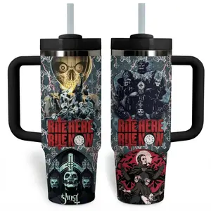 Retro Ghost Band Gothic 40oz Tumbler With Handle, Rock Fans Insulated Cup, Gifts