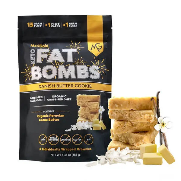 MariGold Keto Fat Bomb - Danish Butter Cookie (5 Bars) - Collagen-Rich, Low Sugar, Healthy Fats, Organic Ghee, Coconut & Cocoa Butter, Non-GMO, Protein Snacks