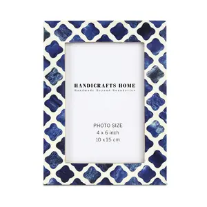 Handicrafts Home Picture Photo Frame Indigo Moorish Quatrefoil Handmade Naturals Bone Frames Photo Size 4x6 Indigo-2 Rectangle Design with Resin Inlay & Pine MDF
