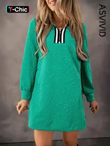 Women's Jacquard Textured Ribbed Mini Dress with Quarter Zipper & Pocket, Casual Fitted Plain Pattern, Fall & Winter Fashion, Moderate Fabric Thickness