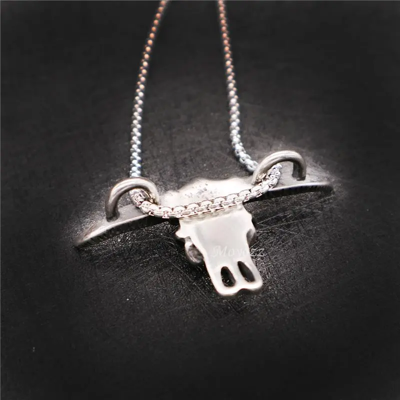 Cow Bull OX Buffalo Head Skull Stainless Steel Pendant Necklace Silver Black